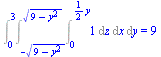 Int(Int(Int(1, z = 0 .. `+`(`*`(`/`(1, 2), `*`(y)))), x = `+`(`-`(`*`(`^`(`+`(9, `-`(`*`(`^`(y, 2)))), `/`(1, 2))))) .. `*`(`^`(`+`(9, `-`(`*`(`^`(y, 2)))), `/`(1, 2)))), y = 0 .. 3) = 9
